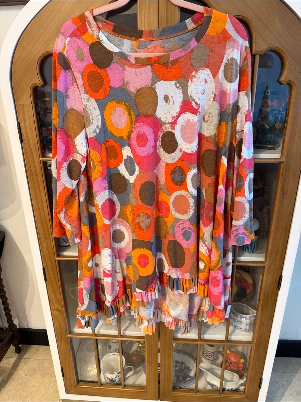 Pink, Orange & Brown Circle-Print Ruffle Hem